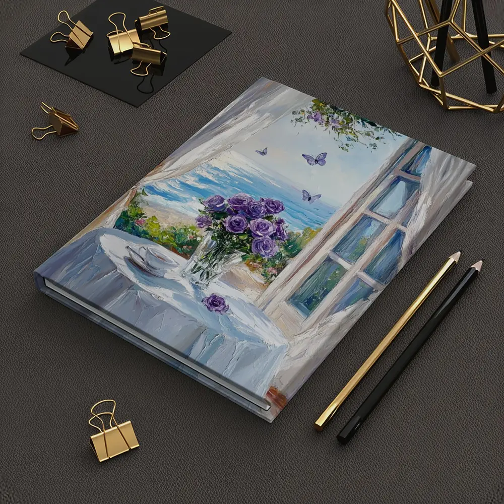 Purple Roses Ocean View Window Oil Painting – Notebooks