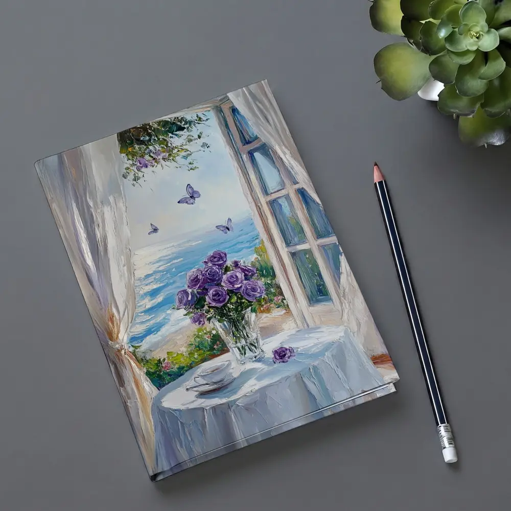 Purple Roses Ocean View Window Oil Painting – Notebooks
