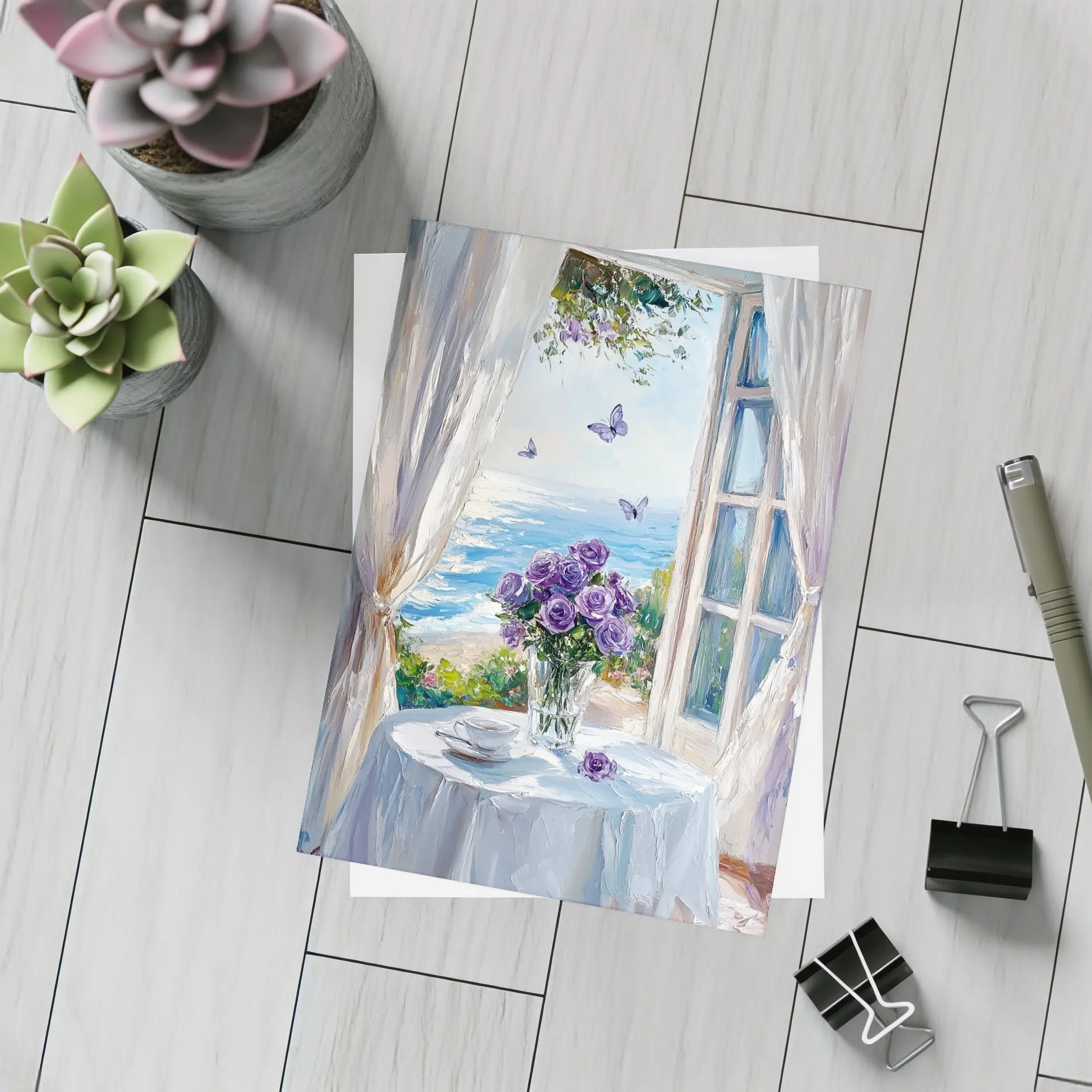 Purple Roses Ocean View Window Oil Painting – Postcards