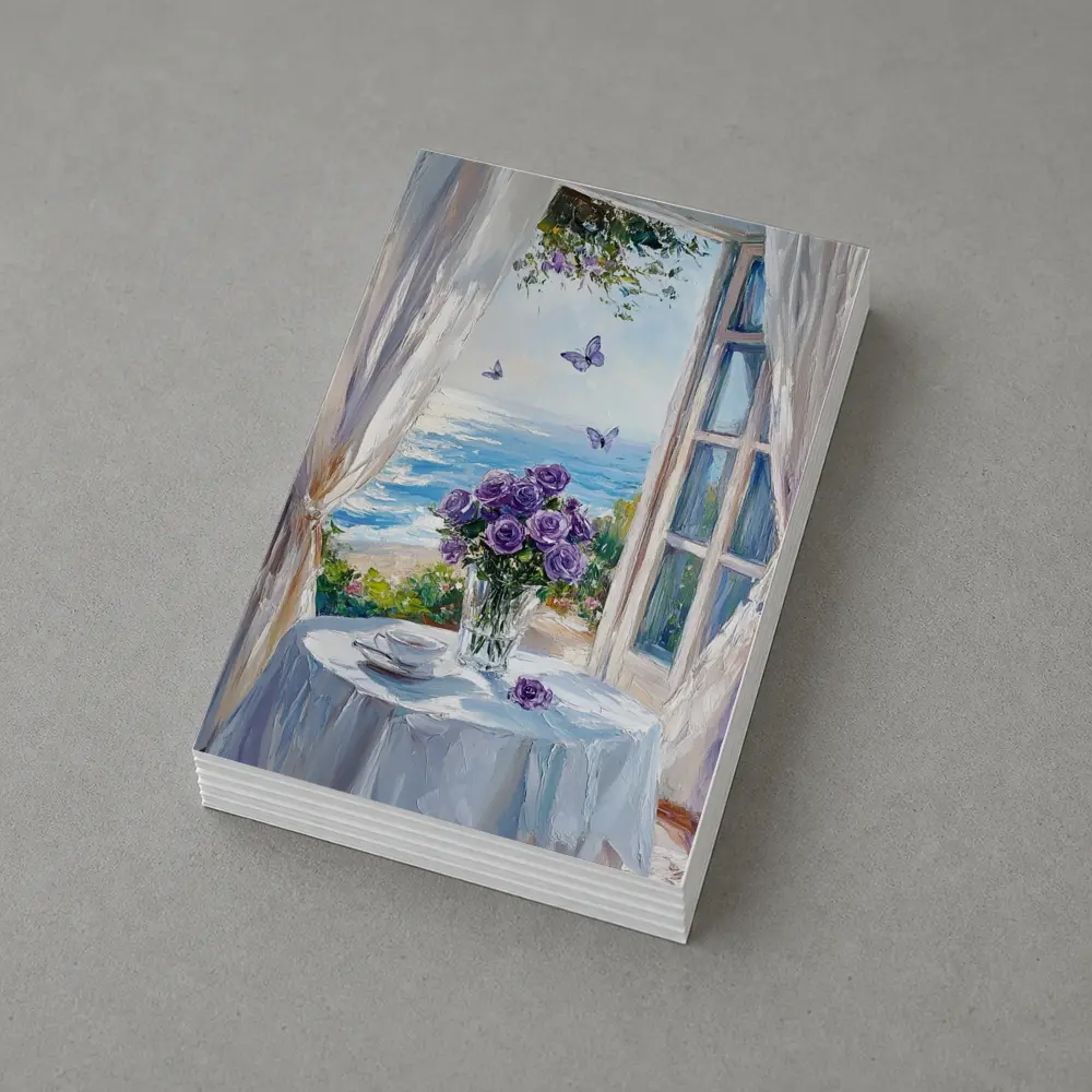 Purple Roses Ocean View Window Oil Painting – Postcards