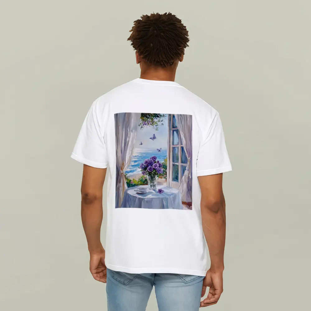 Purple Roses Ocean View Window Oil Painting – T-Shirts