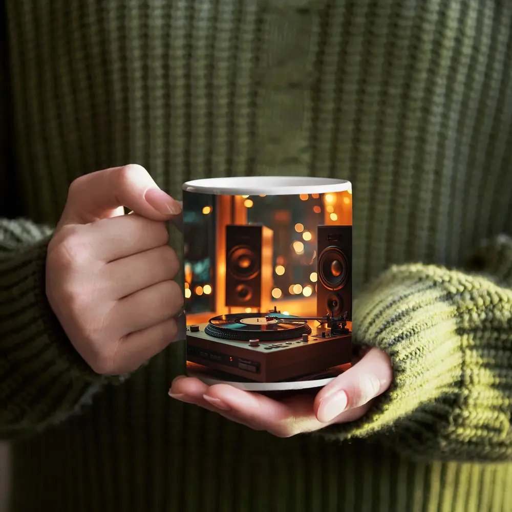 Vinyl Record Player Warm Bokeh Speakers – Mugs