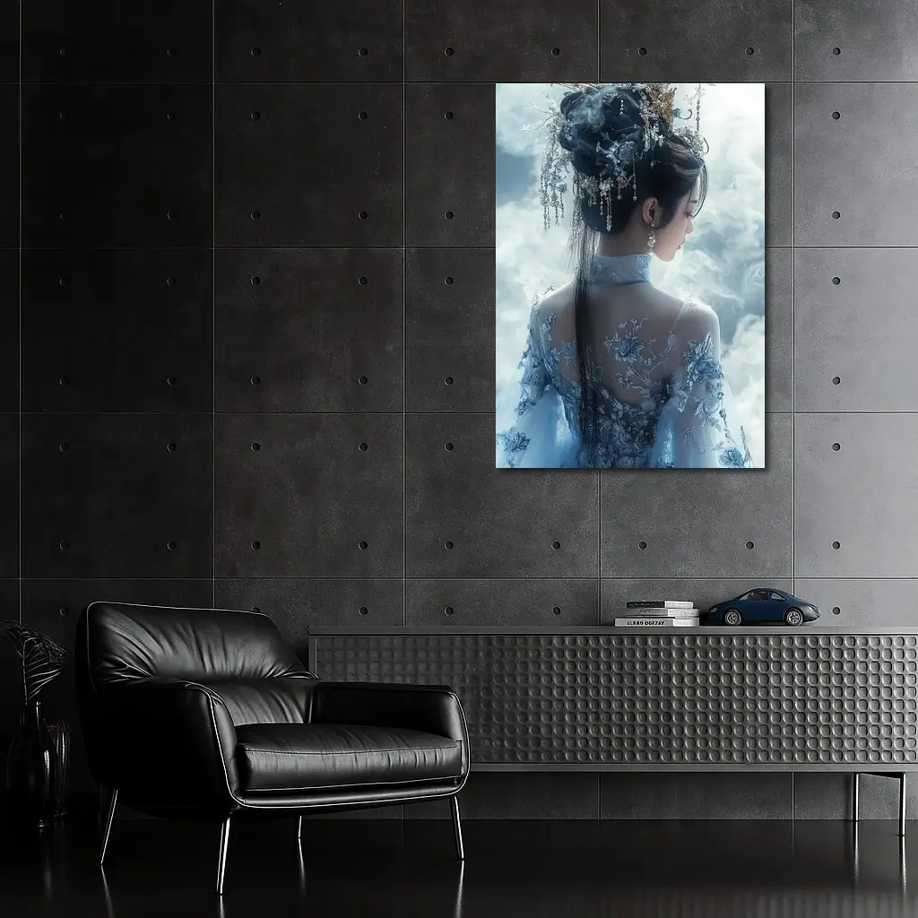 Chinese Fantasy Woman Blue Floral Dress Clouds – Wall Art