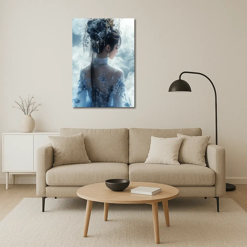 Chinese Fantasy Woman Blue Floral Dress Clouds – Wall Art