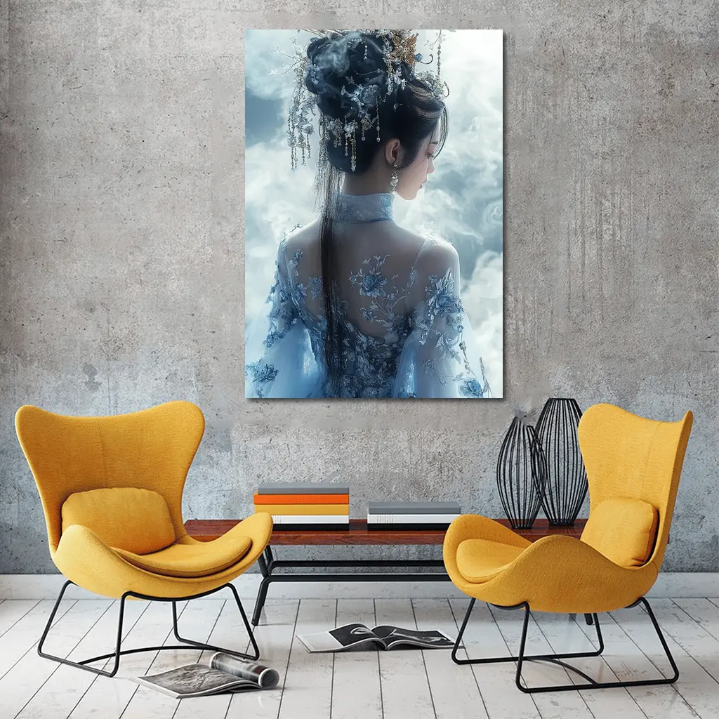 Chinese Fantasy Woman Blue Floral Dress Clouds – Wall Art