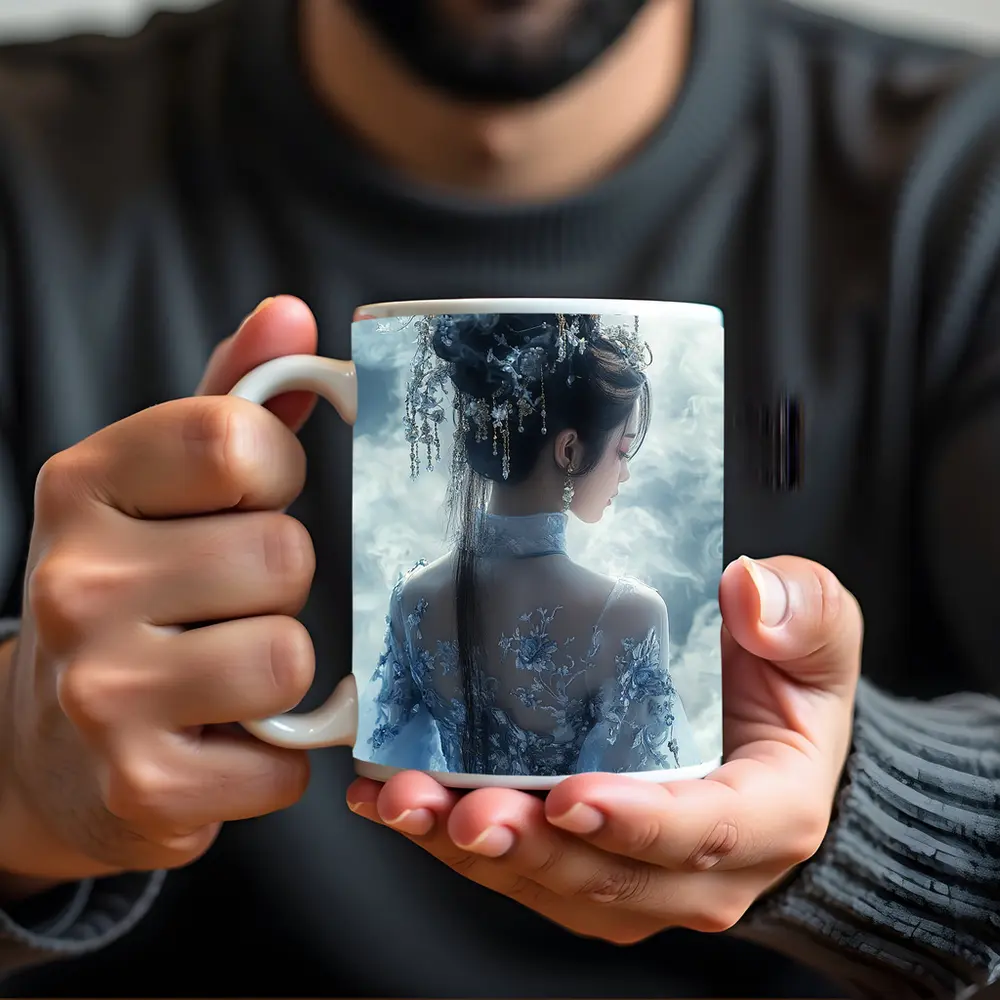 Chinese Fantasy Woman Blue Floral Dress Clouds – Mugs
