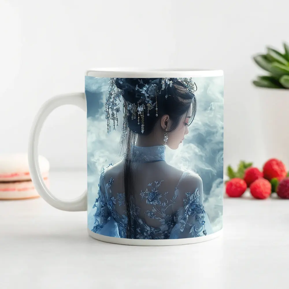 Chinese Fantasy Woman Blue Floral Dress Clouds – Mugs