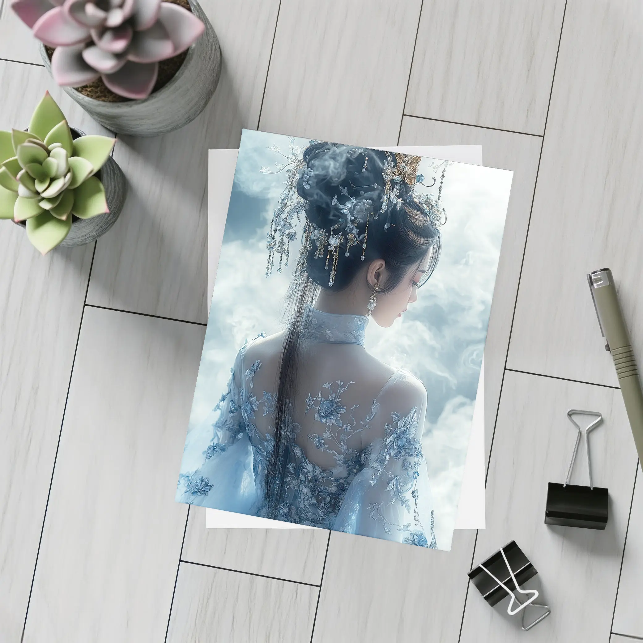 Chinese Fantasy Woman Blue Floral Dress Clouds – Postcards