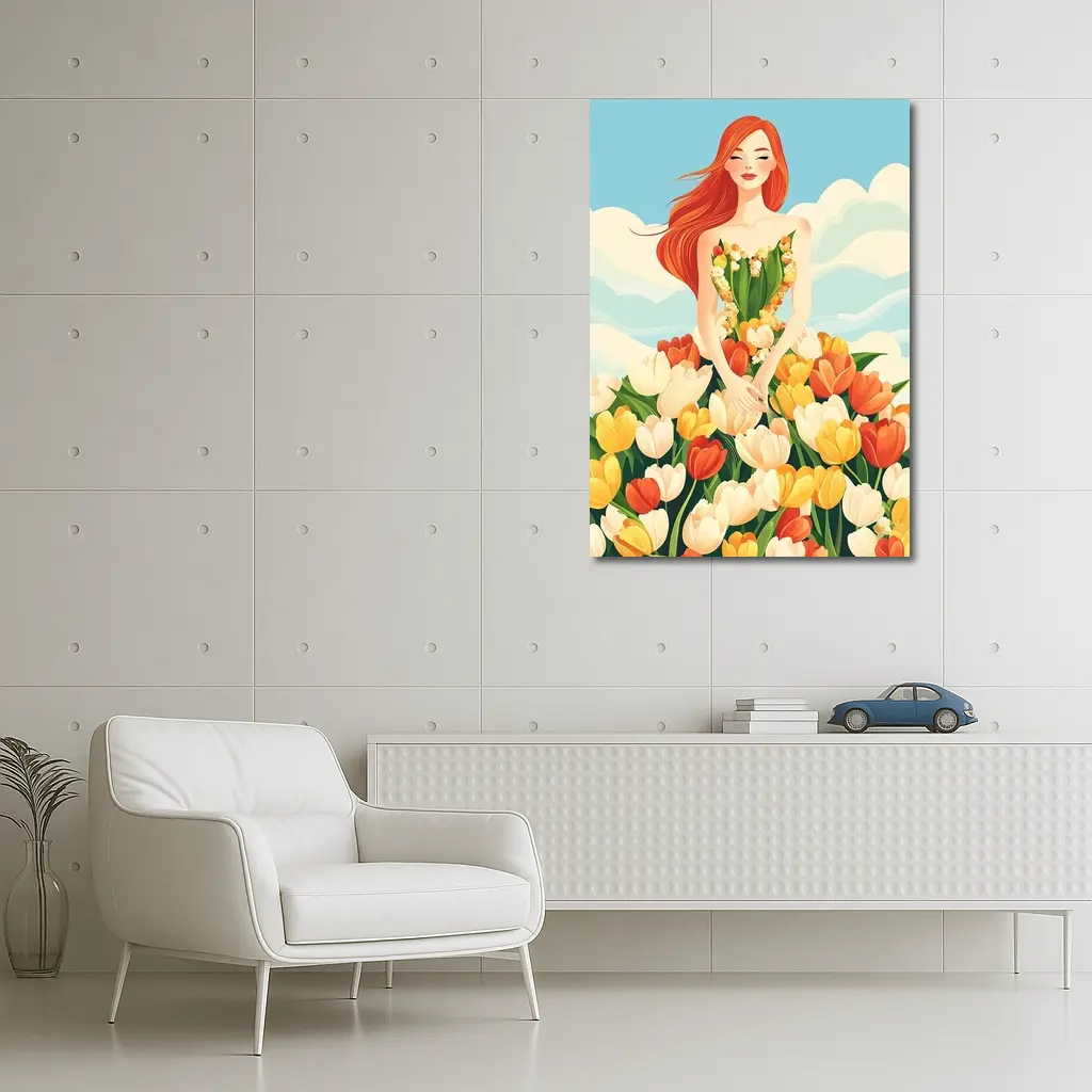 Red Hair Woman Surrounded By Colorful Tulips – Wall Art
