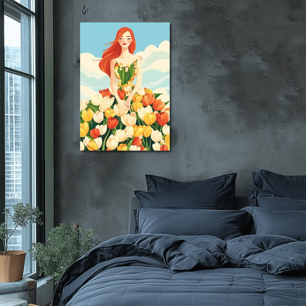 Red Hair Woman Surrounded By Colorful Tulips – Wall Art