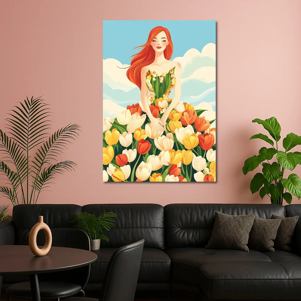 Red Hair Woman Surrounded By Colorful Tulips – Wall Art