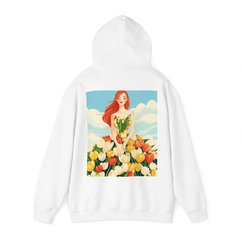 Red Hair Woman Surrounded By Colorful Tulips – Hoodies