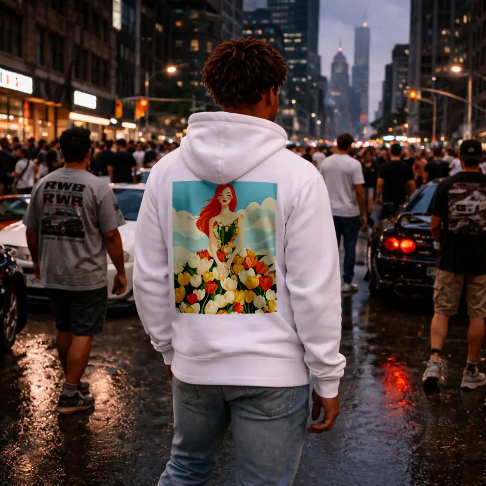 Red Hair Woman Surrounded By Colorful Tulips – Hoodies