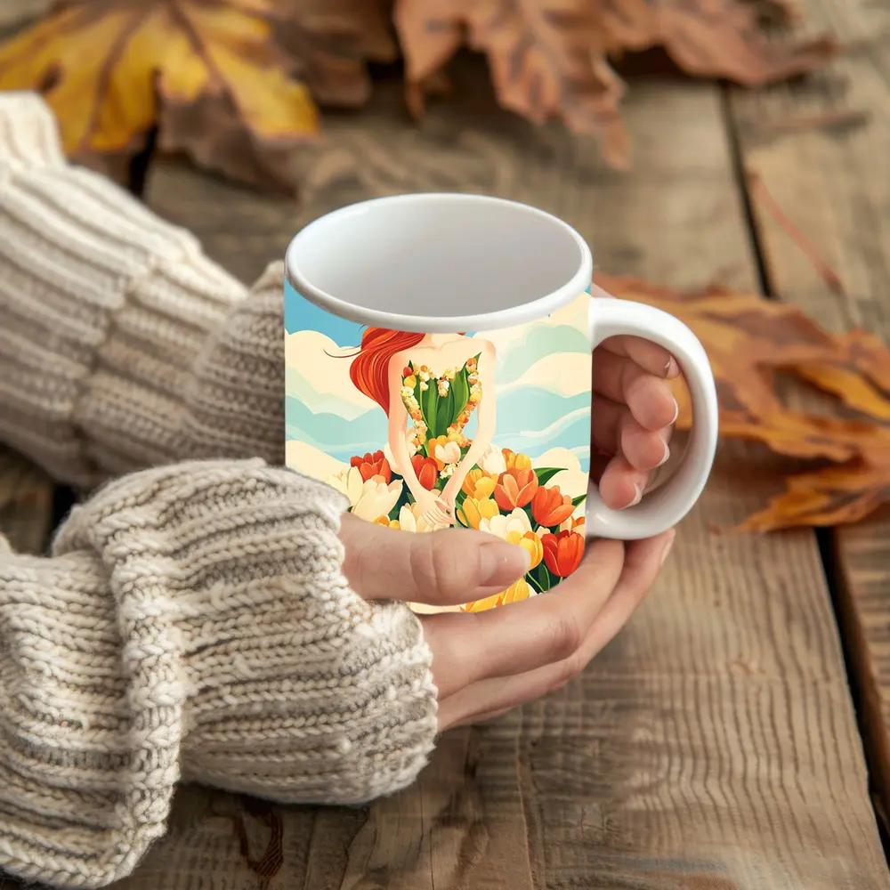 Red Hair Woman Surrounded By Colorful Tulips – Mugs