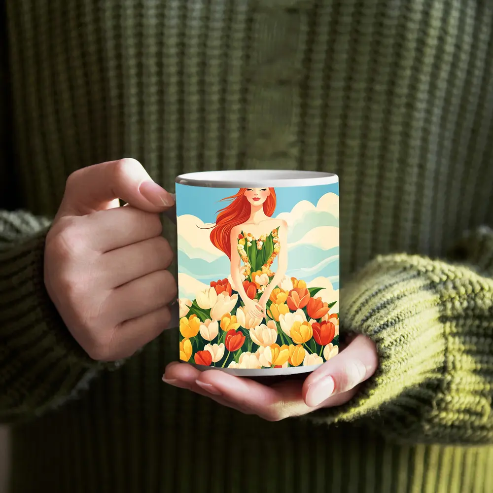 Red Hair Woman Surrounded By Colorful Tulips – Mugs