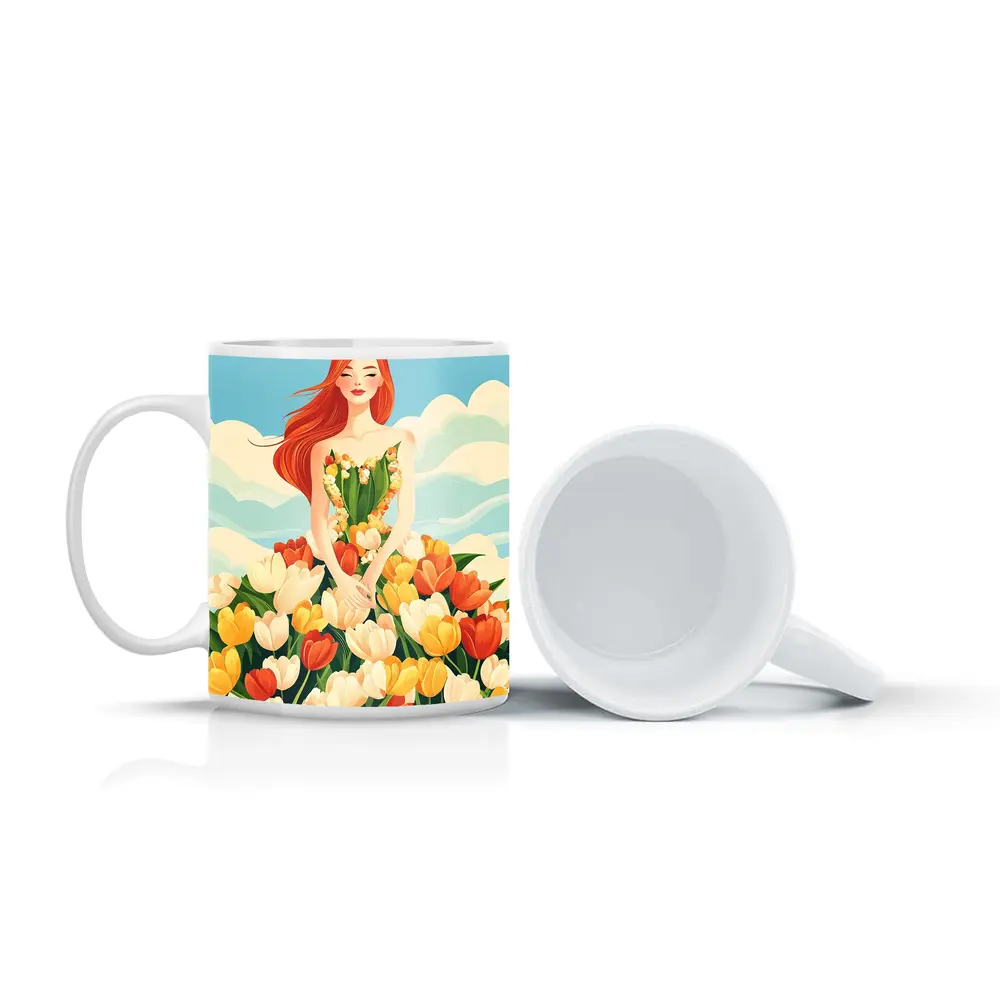 Red Hair Woman Surrounded By Colorful Tulips – Mugs
