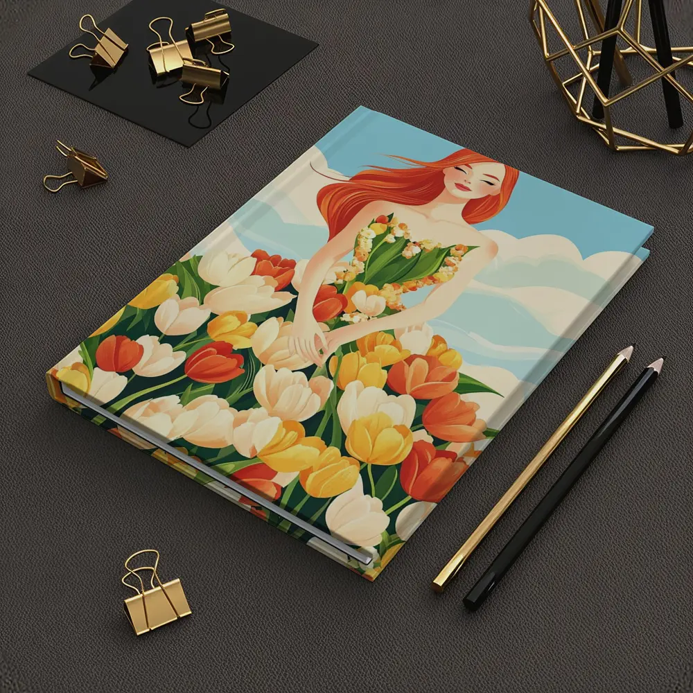 Red Hair Woman Surrounded By Colorful Tulips – Notebooks