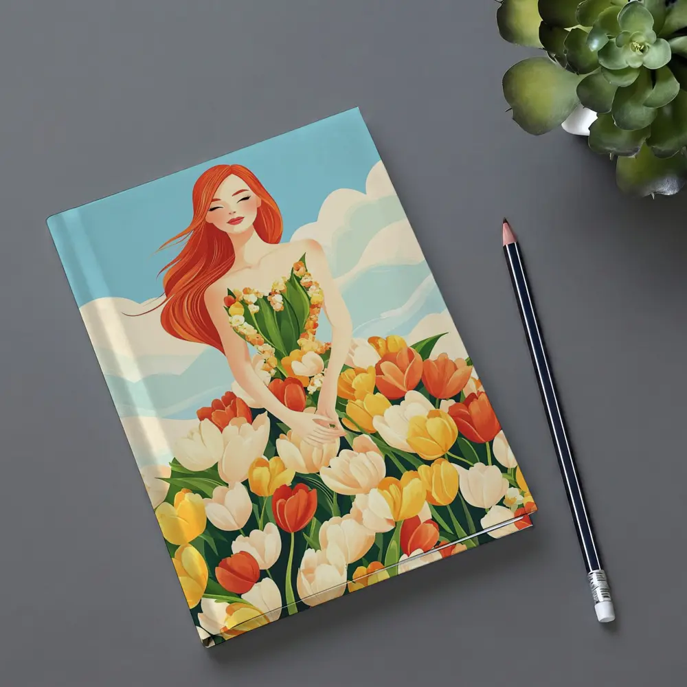 Red Hair Woman Surrounded By Colorful Tulips – Notebooks