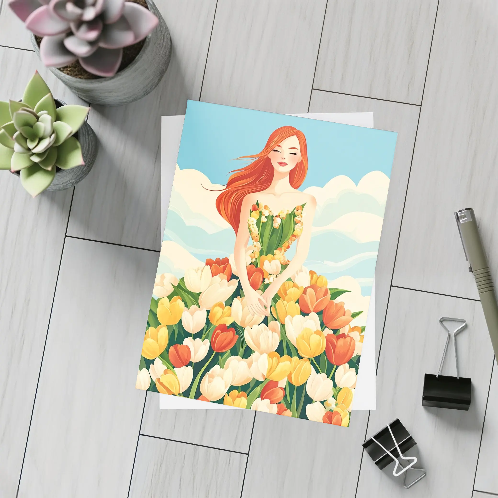 Red Hair Woman Surrounded By Colorful Tulips – Postcards