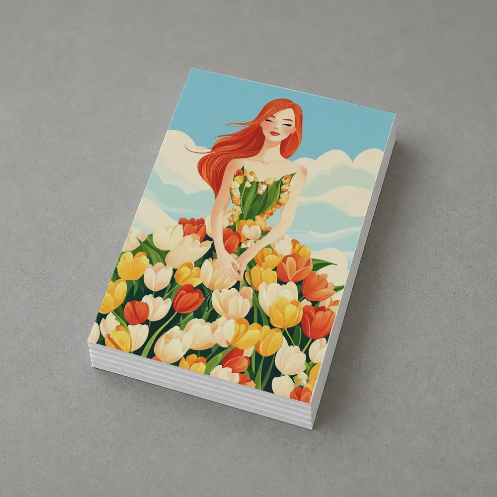 Red Hair Woman Surrounded By Colorful Tulips – Postcards