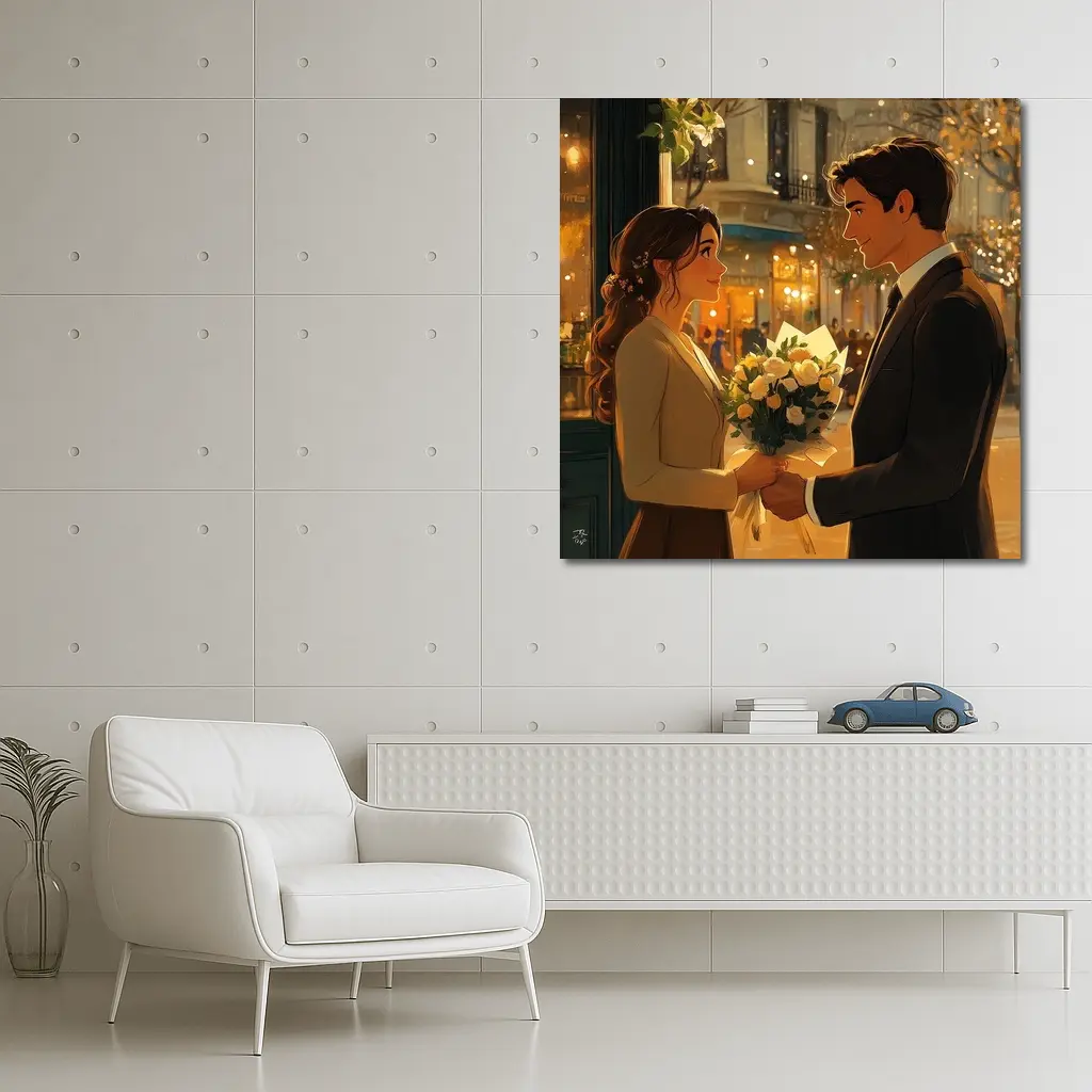 Romantic Couple Exchanging Flowers City Night – Wall Art