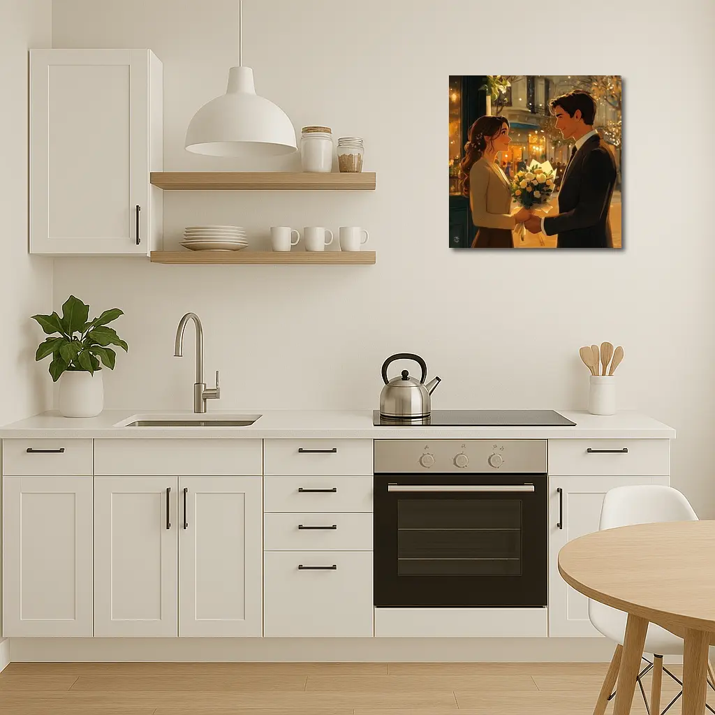 Romantic Couple Exchanging Flowers City Night – Wall Art