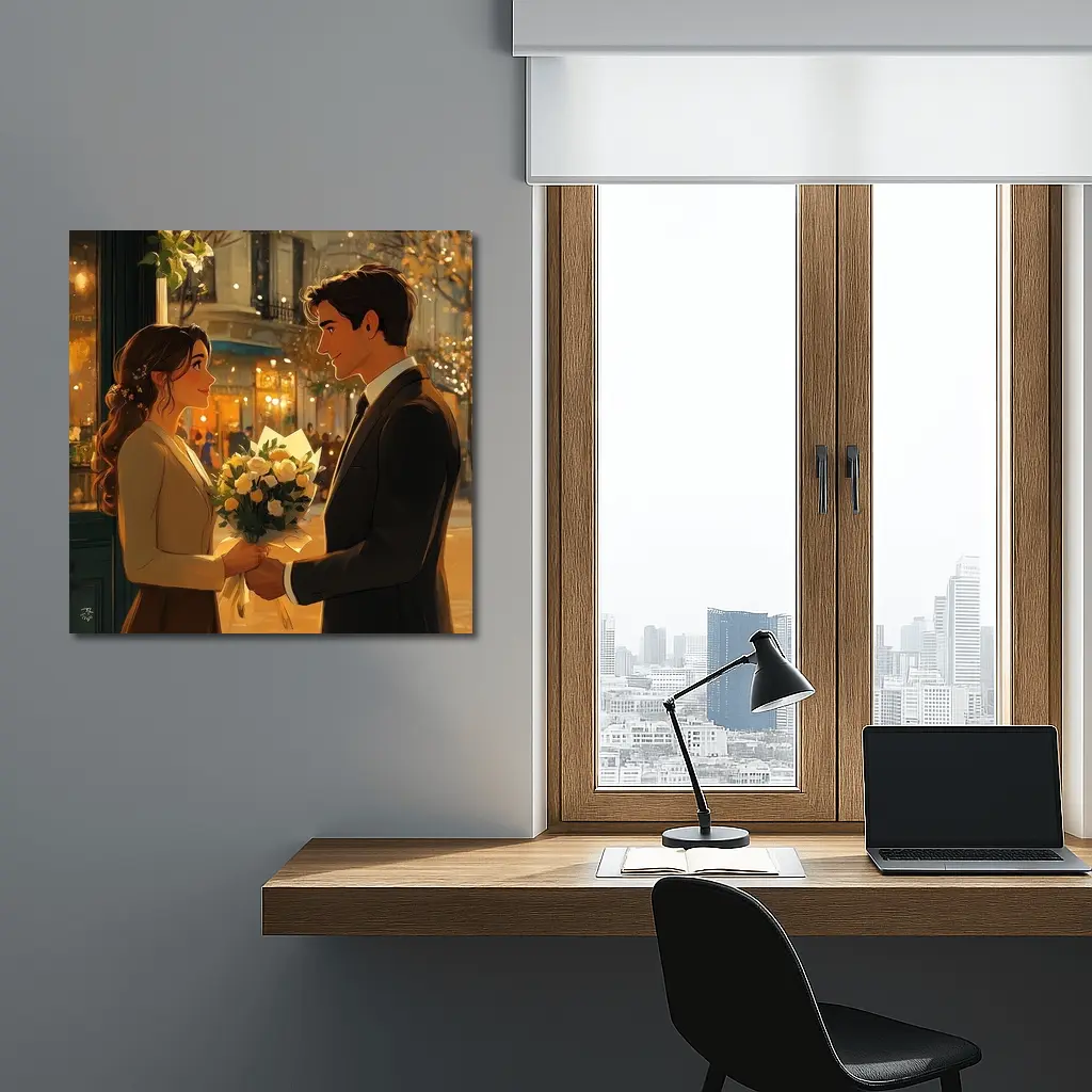 Romantic Couple Exchanging Flowers City Night – Wall Art