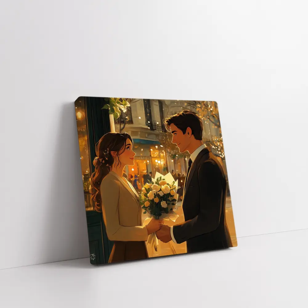 Romantic Couple Exchanging Flowers City Night – Wall Art