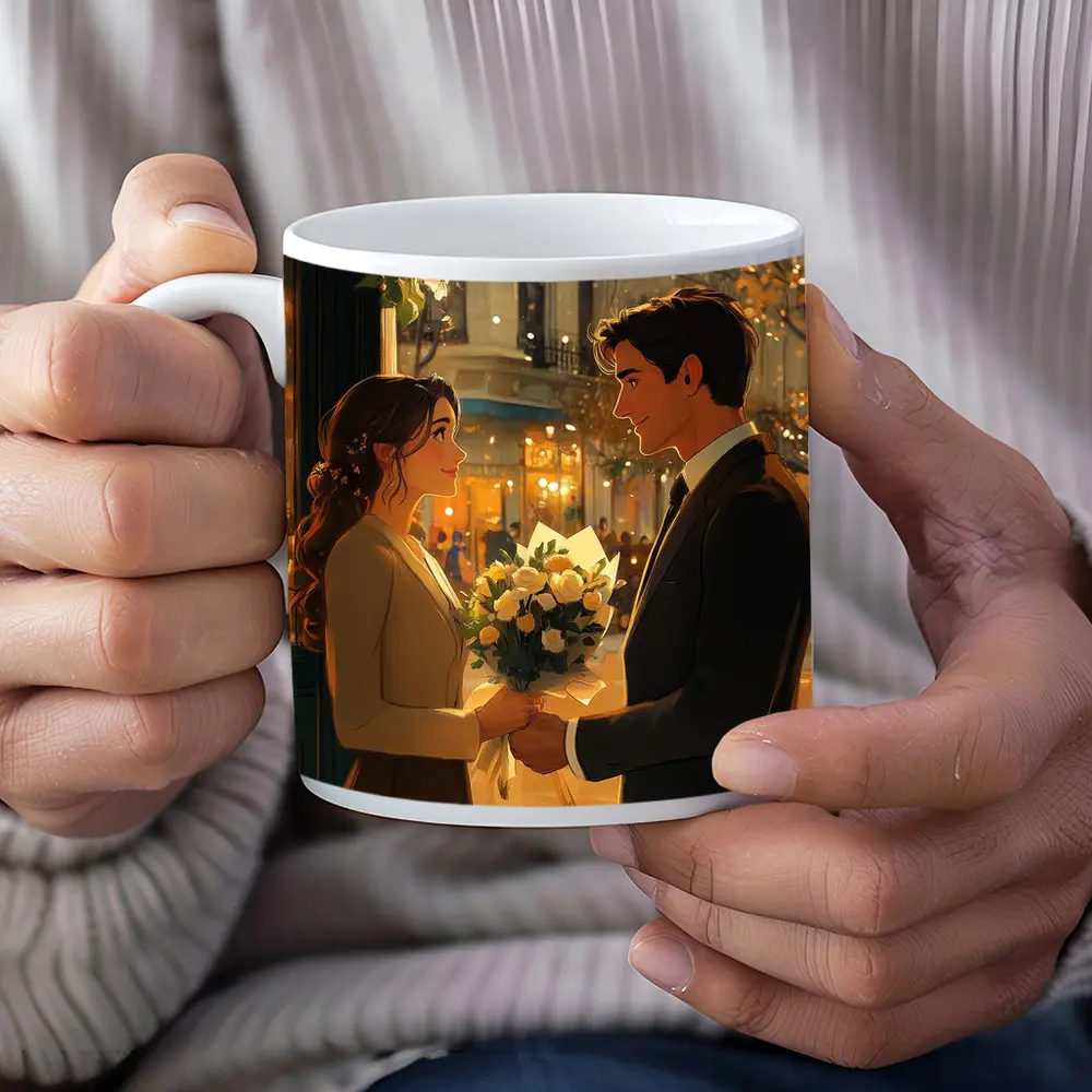 Romantic Couple Exchanging Flowers City Night – Mugs