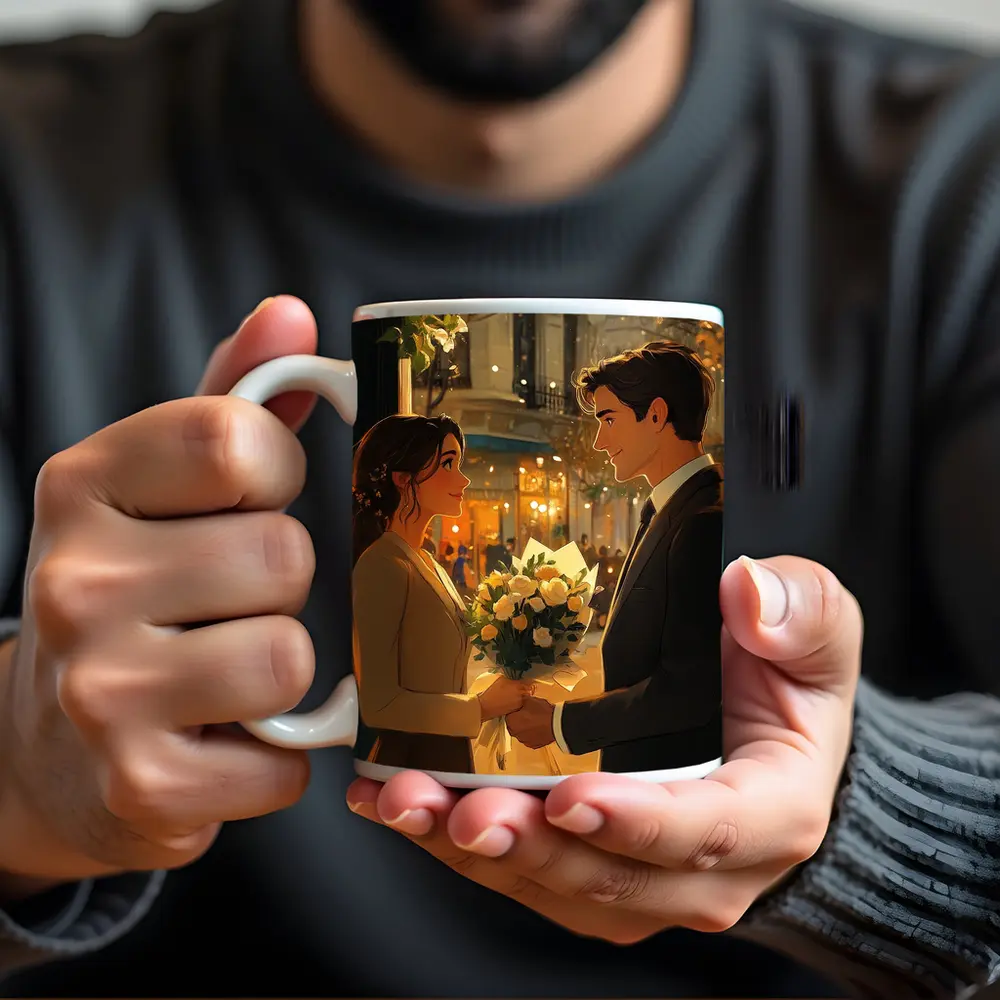 Romantic Couple Exchanging Flowers City Night – Mugs