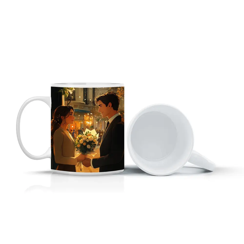 Romantic Couple Exchanging Flowers City Night – Mugs