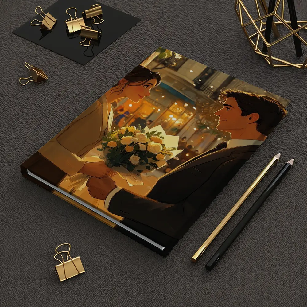 Romantic Couple Exchanging Flowers City Night – Notebooks