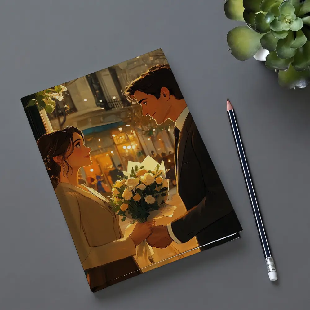 Romantic Couple Exchanging Flowers City Night – Notebooks