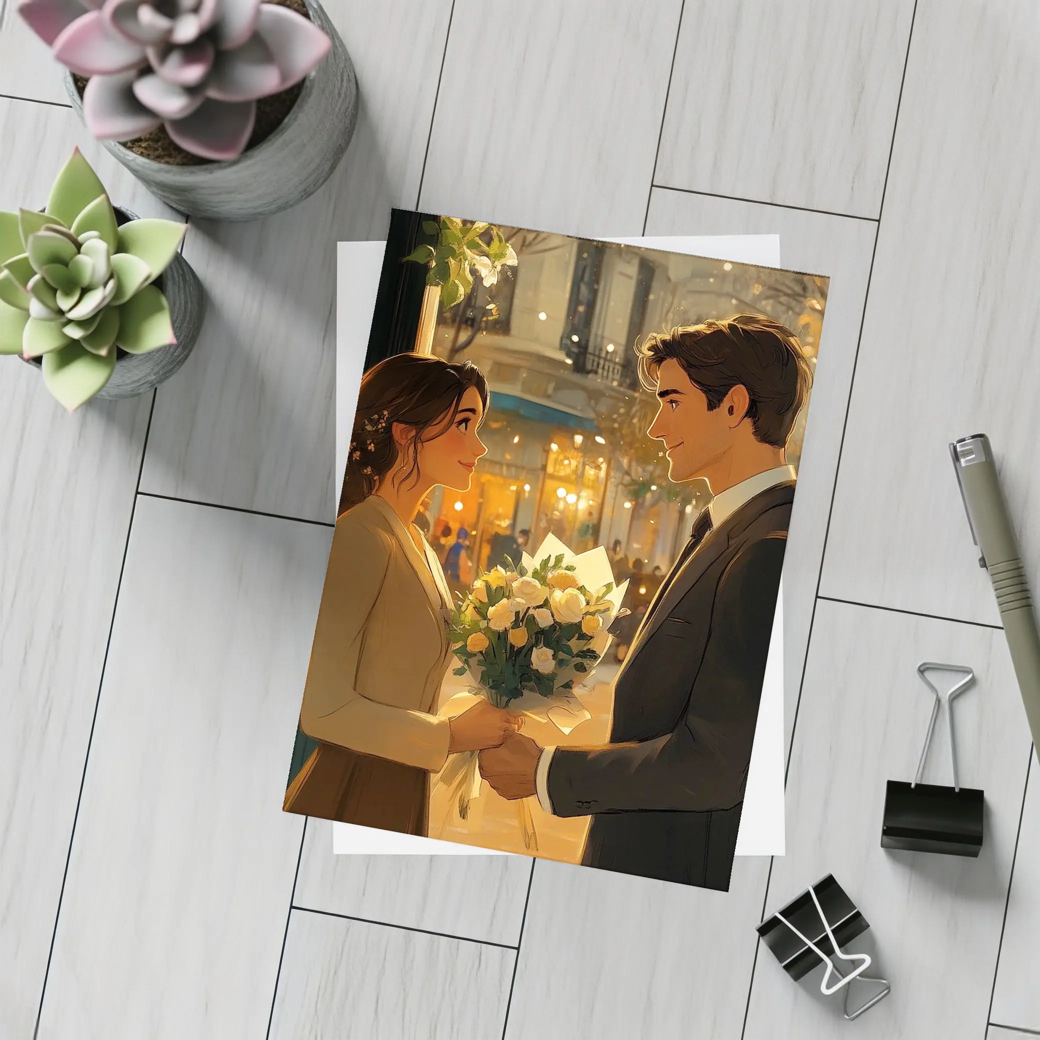 Romantic Couple Exchanging Flowers City Night – Postcards