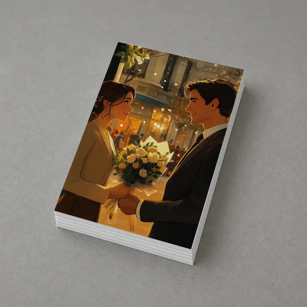 Romantic Couple Exchanging Flowers City Night – Postcards