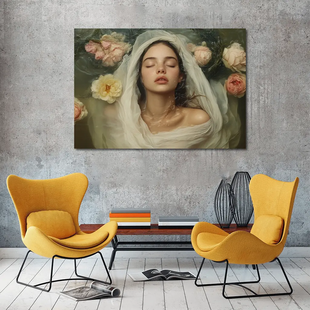 Woman Floating Among Pink Roses Water – Wall Art