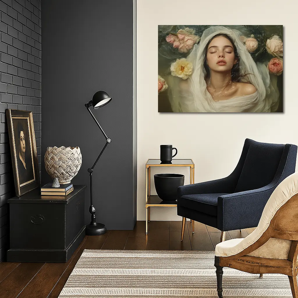 Woman Floating Among Pink Roses Water – Wall Art