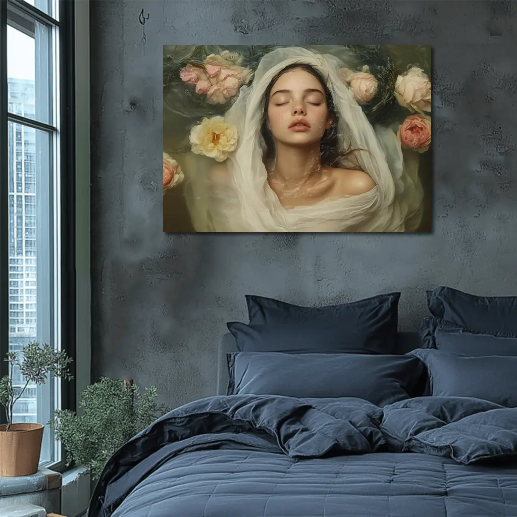 Woman Floating Among Pink Roses Water – Wall Art