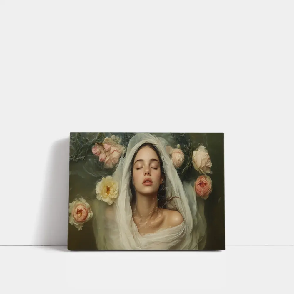 Woman Floating Among Pink Roses Water – Wall Art