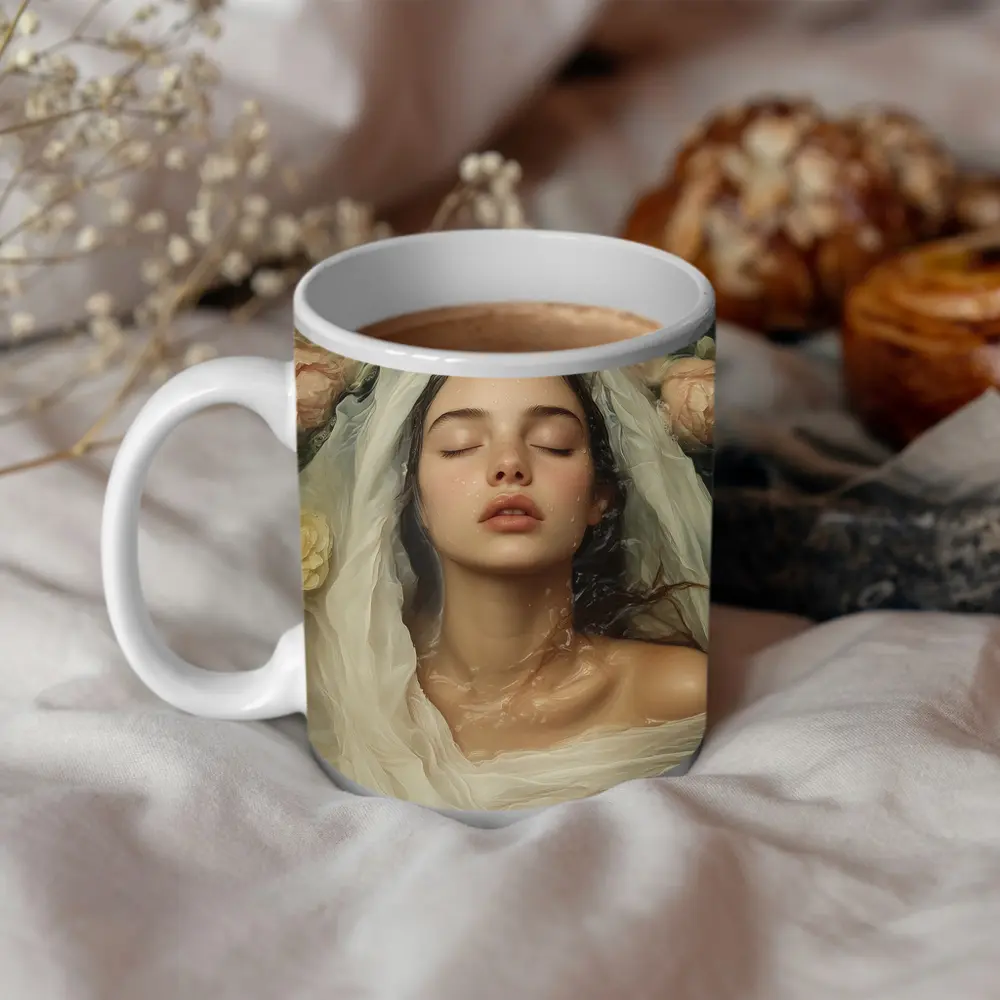 Woman Floating Among Pink Roses Water – Mugs