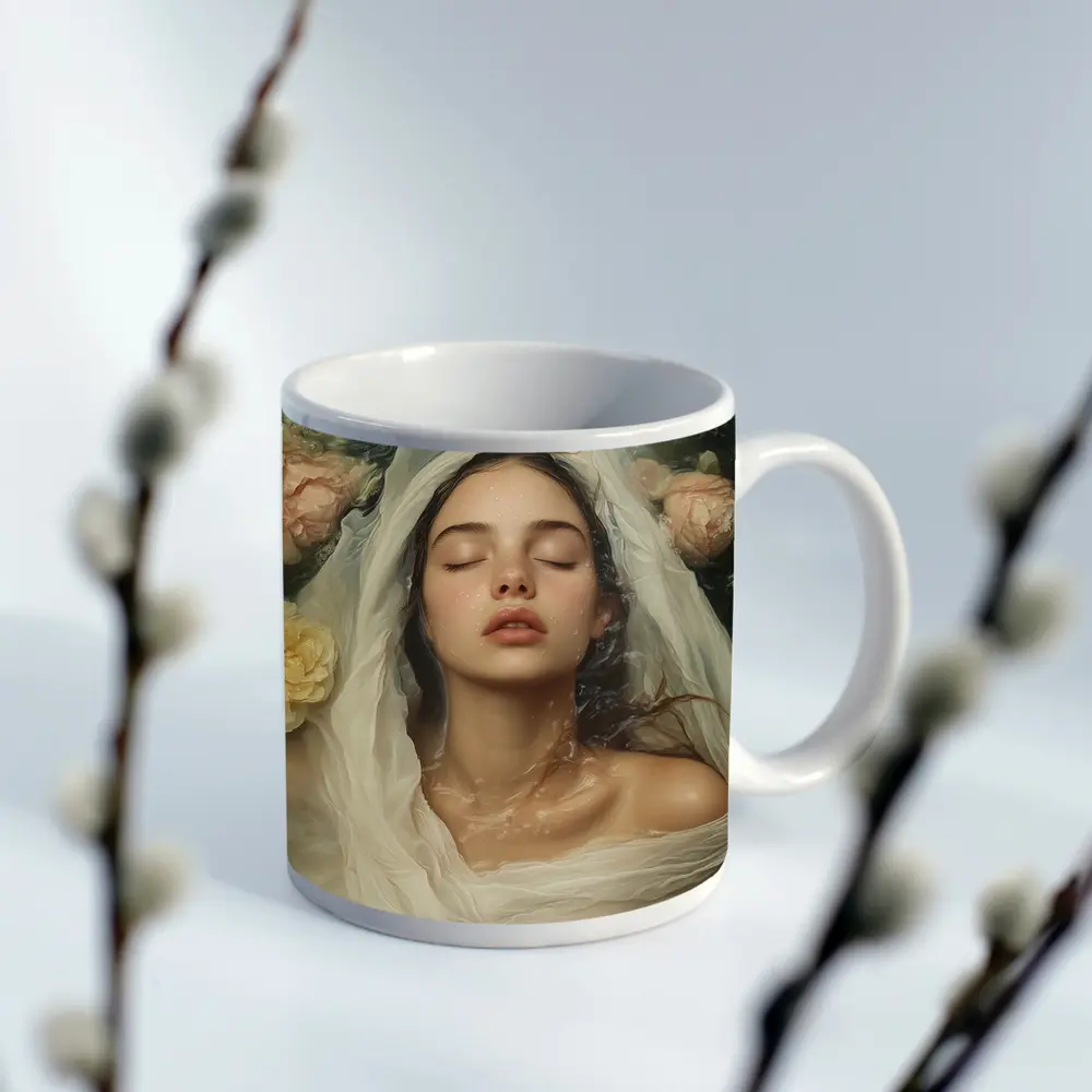 Woman Floating Among Pink Roses Water – Mugs