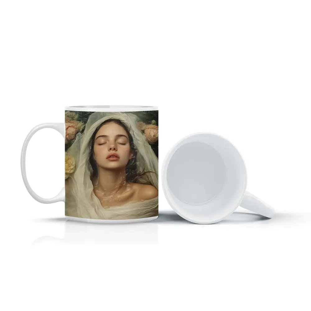 Woman Floating Among Pink Roses Water – Mugs