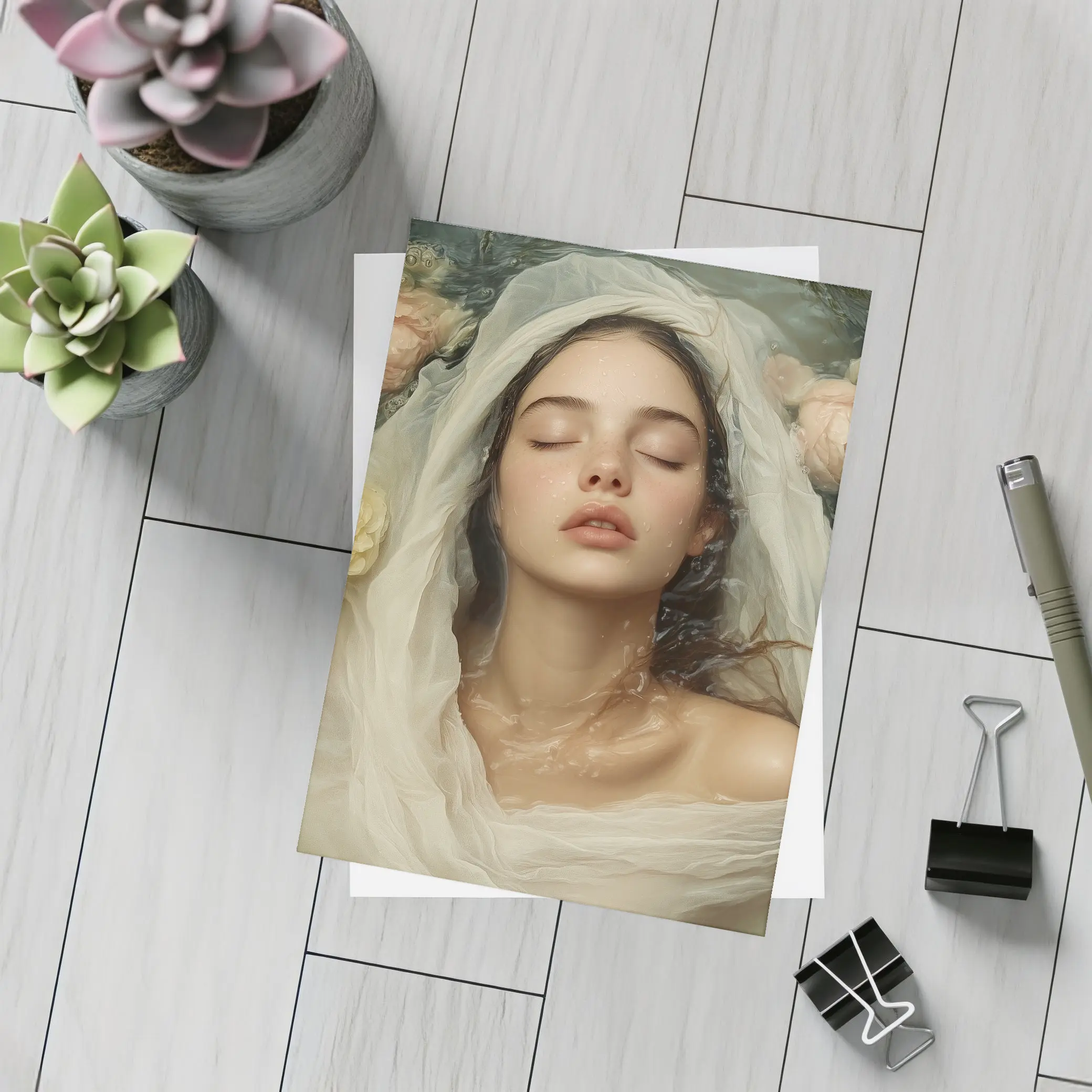 Woman Floating Among Pink Roses Water – Postcards