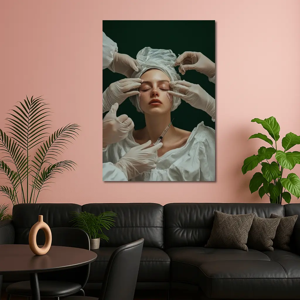 Woman Cosmetic Surgery Injection Dark Green Background – Wall Art