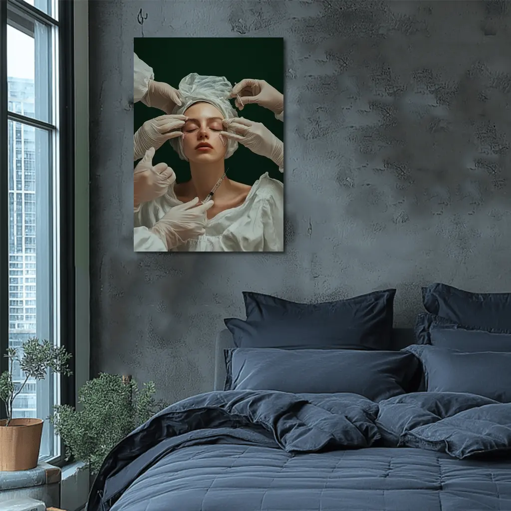 Woman Cosmetic Surgery Injection Dark Green Background – Wall Art