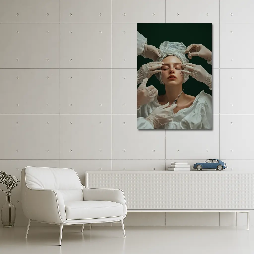 Woman Cosmetic Surgery Injection Dark Green Background – Wall Art