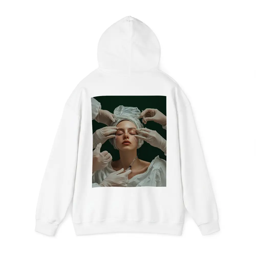 Woman Cosmetic Surgery Injection Dark Green Background – Hoodies