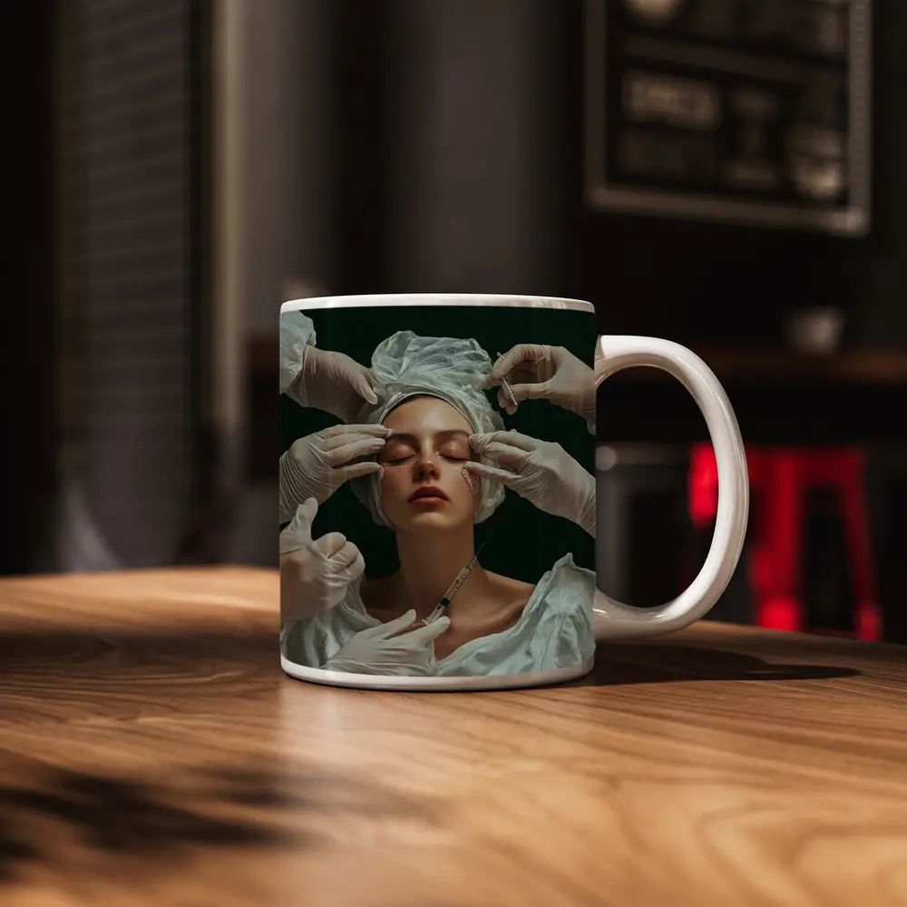 Woman Cosmetic Surgery Injection Dark Green Background – Mugs