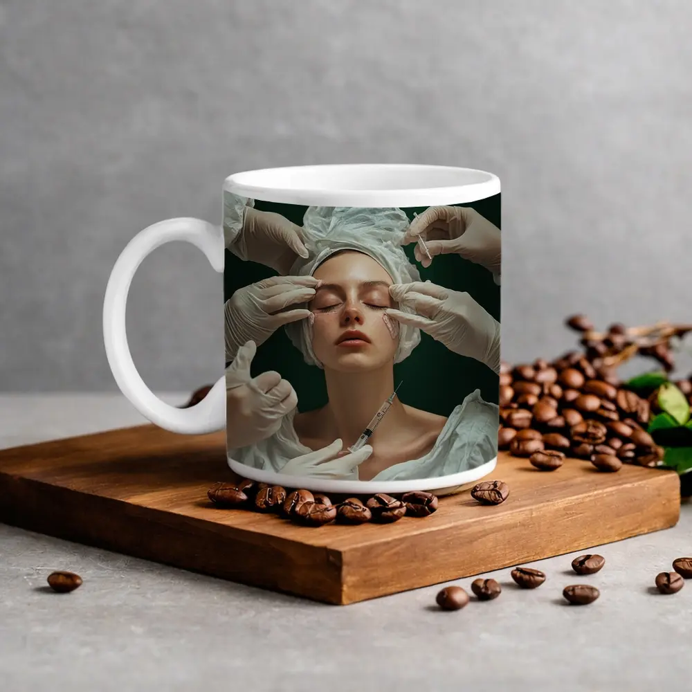 Woman Cosmetic Surgery Injection Dark Green Background – Mugs