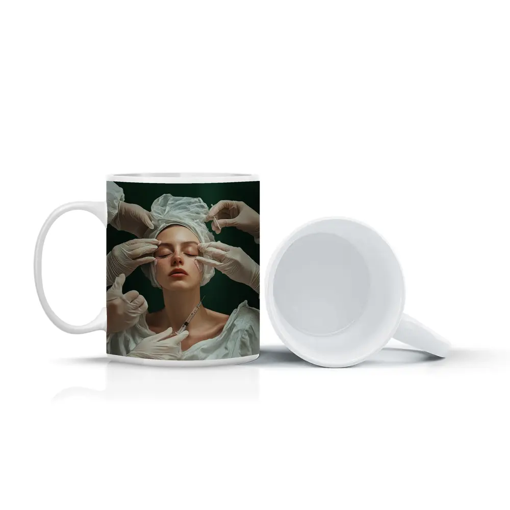 Woman Cosmetic Surgery Injection Dark Green Background – Mugs